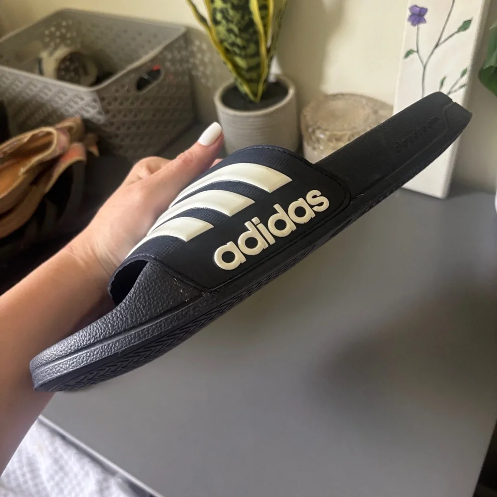 Adidas Men's Navy Slide Sandal with White Stripes